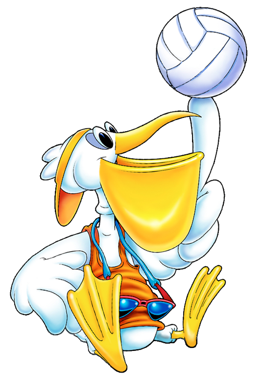 Pelican mascot spinning a volleyball